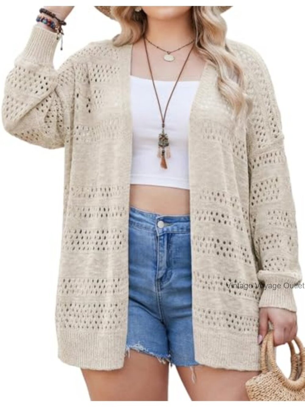Womens Plus Size Crochet Cardigan Lightweight Open Front Boho Kimono Sweater